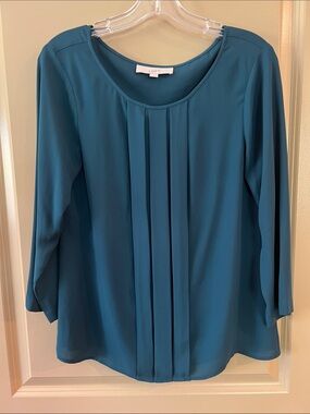 LOFT Teal Blue Pleated Long-Sleeve Blouse